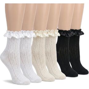 6Pcs Women Lace Socks Ruffle Frilly Socks Cotton Cute Princess Ankle Dress Sock for Ladies Gril in Kuwait