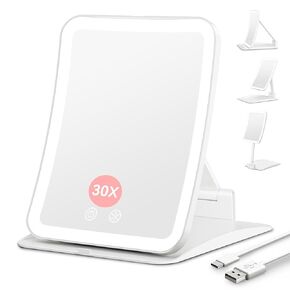 Travel Makeup Mirror with Light, Rechargeable Lighted Travel Mirror, Portable Folding Travel Mirror with 3 Dimmable Color Lights, Ultraslim & Lightweight, Freely Adjust Height and Angle, Pink in Kuwait