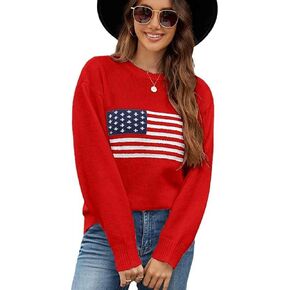 Women's American Flag Sweater Top Long Sleeved Round Neck Casual Knit Loose Pullover top in Kuwait