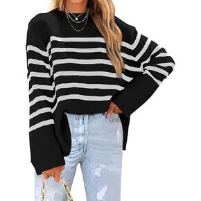 Womens Sweaters Fall 2025 Overiszed Striped Long Sleeve Side Slit Loose Pullover Sweaters Knitted Tops in Kuwait
