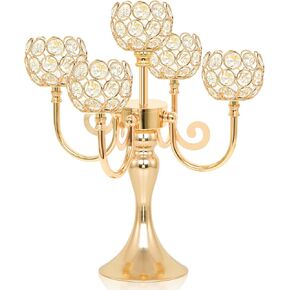 5 Arm Metal Crystal Candelabra Centerpiece - 13.4 Inch Elegant Candle Holder with Crystal Beads for Wedding Party Christmas Home Dining Table Decoration (2, Gold) in Kuwait