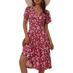 Loemes Women's Spring Floral Short Sleeve Wrap V Neck Casual Sundresses with Pockets Flowy Summer Dresses for Women in Kuwait
