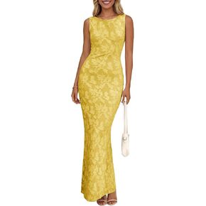 فستان Wenrine نسائي صيفي طويل مزين بالزهور شبكي بدون أكمام، فساتين ضيقة وحفلات الكوكتيل وحفلات الزفاف in Kuwait