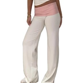 Women Fold Over Yoga Pants Y2k Low Rise Wide Leg Sweatpants Contrast Color Stretchy Loose Gym Lounge Leggings in Kuwait