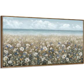 amatop لوحة فنية جدارية كبيرة لغرفة المعيشة مؤطرة بشاطئ بوهو الساحلي والزهور المحيط صورة جدارية لبيت المزرعة زهرة الأقحوان طباعة قماشية بحرية محايدة عتيقة عمل فني دافئ لغرفة النوم المنزلية والمكتب 48 × 24 in Kuwait