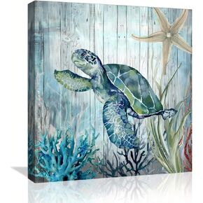 صور ديكور سلحفاة البحر لغرفة النوم والحمام وديكور الحائط الحديث على قماش الفن المحيط موضوع اللوحة صور الفن 14 × 14 بوصة مناسبة للمكتب/المطبخ صورة مؤطرة مقاومة للماء in Kuwait