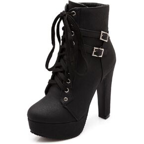 Women's Leather Platform High Heel Ankle Boots with Double Buckle Sexy Round Toe Lace-up Chunky Heel Combat Booties for Party Dates Prom Dress Boots in Kuwait