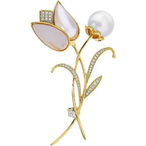 Cute Tulip Flower Brooch Rhinestone Pearl Floral Pin for Women Spring Summer Party Jewelry (White) in Kuwait