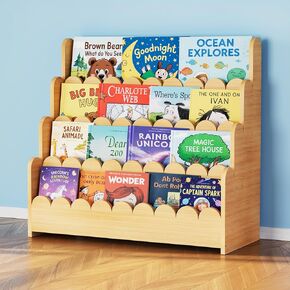 SpaceAid 4-Tier Scalloped Bookshelf, Montessori Bookcase for Toddlers, Wooden Book Shelf Organizer Display Furniture for Kids Rooms, Playroom, Nursery and Classroom, 29.6“ Wide, Natural in Kuwait