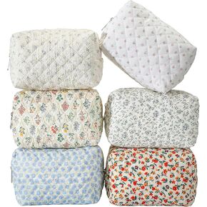6 Pcs 8 Inch Large Quilted Makeup Bag Bulk Floral Cosmetic Bag Bridesmaid Gifts Women Floral Cotton Quilted Pouch Travel Toiletry Coquette Aesthetic Makeup Organizer for Women in Kuwait