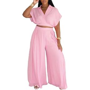 KEYUFANG Women's Summer 2 Piece Outfits Wrap V Neck Crop Top and Wide Leg Pants Sets Casual Vacation Outfits in Kuwait