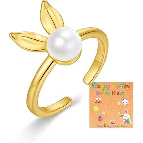 Easter Ring for Women Cute Bunny Rabbit Pearl Open Ring 14K Gold Plated Adjustable Band Statement Animal Ring Holiday Jewelry Gift in Kuwait