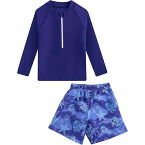 Boys Rash Guard Swimsuits 2 Piece Swim Set Zipper Long Sleeve Bathing Suit with Swim Trunks 3-12Y in Kuwait