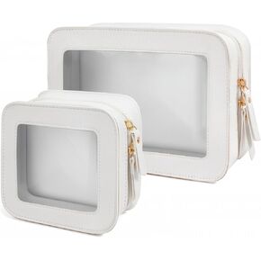 2 Pcs Travel Clear Makeup Bag Set, Clear Black Makeup Organizer with Zipper Leather Travel Bags for Toiletries Small Cosmetic Bags for Women Mini Make up Pouch Toiletry Bags Car Essentials in Kuwait