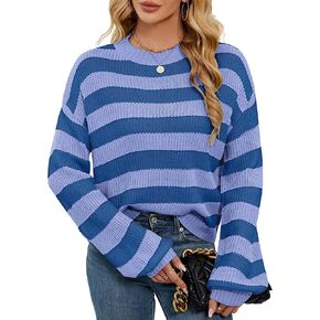 سترة نسائية كبيرة الحجم وخفيفة الوزن مخططة لطيفة لربيع 2025 محبوكة برقبة دائرية بلوفر قصير رفيع in Kuwait