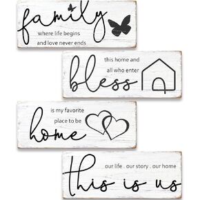 مجموعة لافتات خشبية ريفية مكونة من 4 قطع مع اقتباسات ملهمة، وغرفة المزرعة وديكور حائط للمنزل، ولوحات خشبية "Bless" "Family Where Life Begins" لغرفة المعيشة في المطبخ in Kuwait