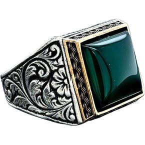 Square Green Agate Men Ring, Green Aqeeq Ring, Ottoman Style Ring, Engraved Silver Ring, Gemstone Signet Ring, Father Day Gift, 925k Silver in Kuwait