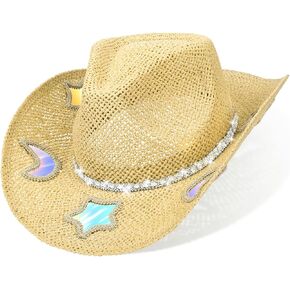 Cowboy Hat,Cowgirl Hat,Cowboy Hats for Women,Straw Western Cowgirl Hats with Star and Moon Reflective Patches Yellow in Kuwait