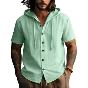 Lyocell Linen Shirts for Men Casual Summer Button Down T-Shirts Lightweight Fashion Beach Hooded Shirt Short Sleeve in Kuwait