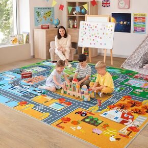 سجادة سيارة للأطفال لعبة السيارات، سجادة لعب سجادة الطرق في مدينة المدينة مع دعم غير قابل للانزلاق، سجادة لعب حركة المرور للسجاد على الطريق، قابلة للغسل في الفصول الأربعة، سجادة المرور لغرفة الأطفال وغرفة النوم ومنطقة آمنة للعب، 3'x4' in Kuwait