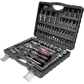 مجموعة أدوات ميكانيكا مترية، 95 قطعة 1/2 بوصة و1/4 بوصة مجموعة مقابس تأثير المحرك مع مقبض سقاطة، مجموعة مقابس عميقة وضحلة مع وصلة عالمية، مجموعة أدوات السيارات مع حقيبة للسيارة والدراجات النارية وإصلاح المنزل in Kuwait