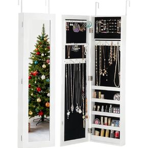 LDAILY Jewelry Armoire, Full-Length Mirror with Storage, Wall Door Mounted Jewelry Cabinet with 5 Shelves, 16 Hooks & 60 Ring Slots, Large Storage Mirrored Jewelry Organizer for Girls Women, White in Kuwait