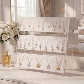 حامل عرض القلادة من 3 طبقات، حامل قلادة خشبي من الأكريليك، حامل منظم المجوهرات مع 75 فتحة مخملية لتخزين المجوهرات على سطح الطاولة للبائعين الذين يبيعون عرض الحرف اليدوية في المتجر المنزلي (أبيض) in Kuwait
