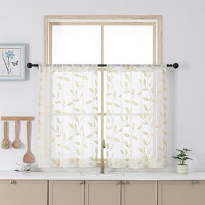 Chyhomenyc Natural Short Sheer Curtains 36 Inch Length - Light Filtering Linen Blend Small Half Window Curtains, Embroidered Leaf Pattern Curtain for Kitchen Bathroom Basement, 30Wx36L, 2 Panels in Kuwait