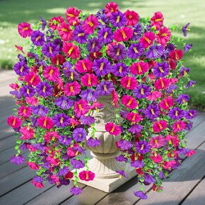 4PCS Artificial Fake Hanging Flowers Plants for Outdoor Spring Decor, UV Resistant Faux Morning Glory Eucalyptus Realistic Silk Petunias for Planter Porch Garden Balcony Yard Indoor (Purple Fuchsia) in Kuwait
