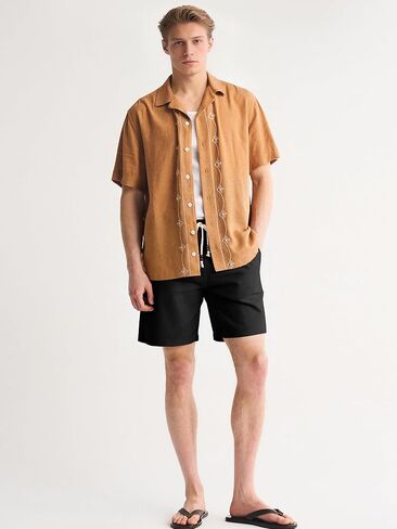 Comdecevis Linen Shorts for Men Casual Cotton 7 Inch Inseam Elastic Waist Drawstring Short Beach Shorts for Men Black L in Kuwait