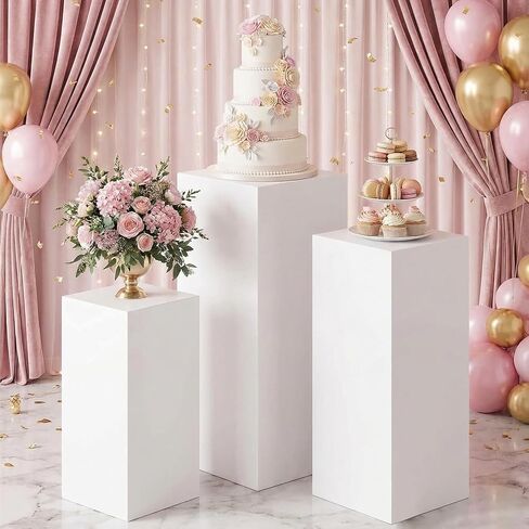 HAISIWLKJ 3 قطع قاعدة مربعة للحفلات، قاعدة معدنية بيضاء كبيرة مربعة الشكل، أعمدة عرض مكعبة لطاولة الحلوى لتزيين حفلات أعياد الميلاد وحفلات الزفاف in Kuwait