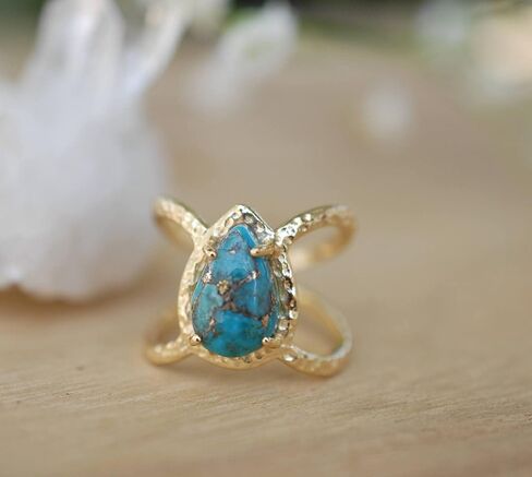 Gold Rings for Women Luxury 18K Gold Set with Water Drop pear Shaped Turquoise Ring Party Engagement Ring Cut Natural Bohemia Turquoise Jewelry Engagement Party Band Rings Size 9 in Saudi Arabia