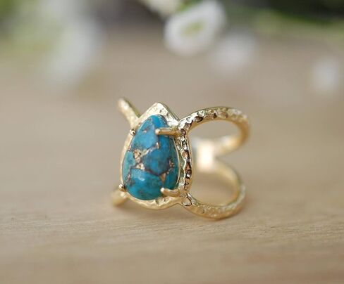 Gold Rings for Women Luxury 18K Gold Set with Water Drop pear Shaped Turquoise Ring Party Engagement Ring Cut Natural Bohemia Turquoise Jewelry Engagement Party Band Rings Size 9 in Saudi Arabia
