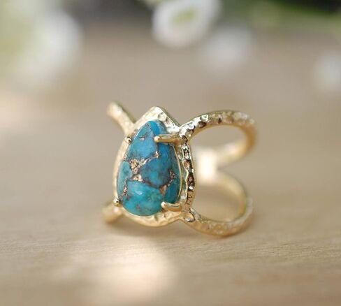 Gold Rings for Women Luxury 18K Gold Set with Water Drop pear Shaped Turquoise Ring Party Engagement Ring Cut Natural Bohemia Turquoise Jewelry Engagement Party Band Rings Size 9 in Saudi Arabia