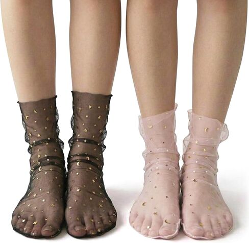2 Pairs Women's Sheer Mesh Slouch Socks Star & Moon Embroidery See Through Tulle Crew Socks in Saudi Arabia