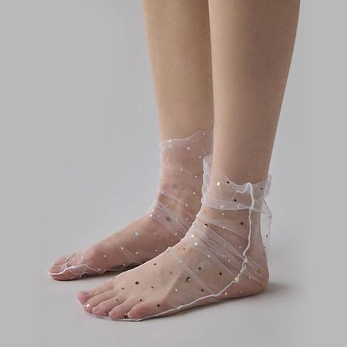 2 Pairs Women's Sheer Mesh Slouch Socks Star & Moon Embroidery See Through Tulle Crew Socks in Saudi Arabia