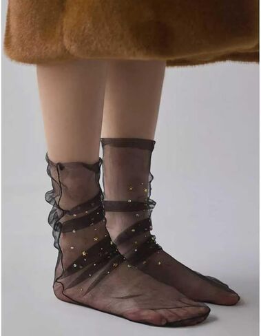 2 Pairs Women's Sheer Mesh Slouch Socks Star & Moon Embroidery See Through Tulle Crew Socks in Saudi Arabia