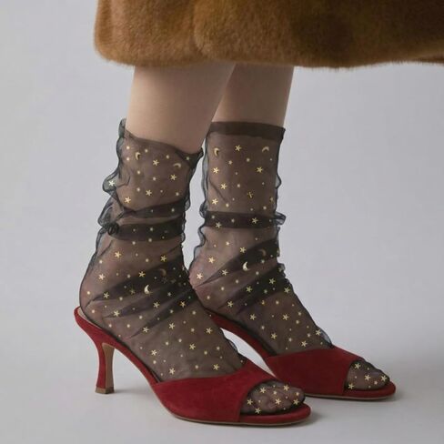 2 Pairs Women's Sheer Mesh Slouch Socks Star & Moon Embroidery See Through Tulle Crew Socks in Saudi Arabia