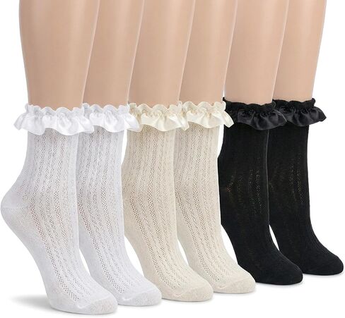 6Pcs Women Lace Socks Ruffle Frilly Socks Cotton Cute Princess Ankle Dress Sock for Ladies Gril in Kuwait