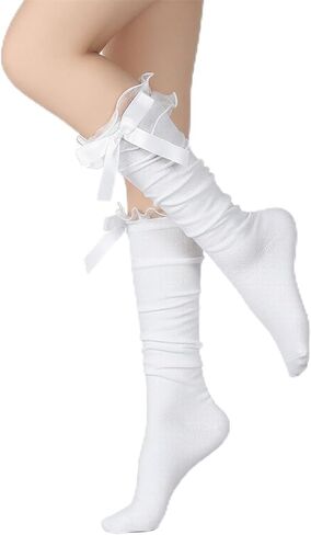 White Knee High Socks Women with Bow Cotton Lolita Socks Long Over the Knee Sock Women's Girls Bow Ruffled Trim Thigh High Stockings for Daily Dress Dating Dance, 14 Inch Stockings in Saudi Arabia