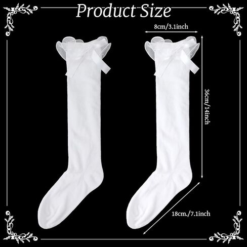 White Knee High Socks Women with Bow Cotton Lolita Socks Long Over the Knee Sock Women's Girls Bow Ruffled Trim Thigh High Stockings for Daily Dress Dating Dance, 14 Inch Stockings in Saudi Arabia
