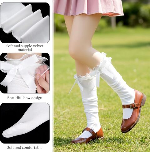 White Knee High Socks Women with Bow Cotton Lolita Socks Long Over the Knee Sock Women's Girls Bow Ruffled Trim Thigh High Stockings for Daily Dress Dating Dance, 14 Inch Stockings in Saudi Arabia