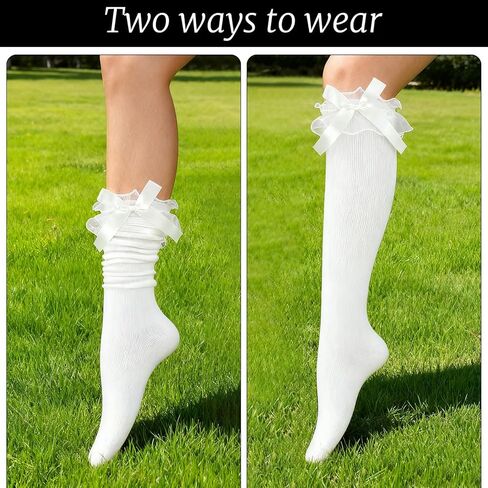White Knee High Socks Women with Bow Cotton Lolita Socks Long Over the Knee Sock Women's Girls Bow Ruffled Trim Thigh High Stockings for Daily Dress Dating Dance, 14 Inch Stockings in Saudi Arabia
