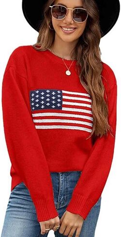Women's American Flag Sweater Top Long Sleeved Round Neck Casual Knit Loose Pullover top in Kuwait