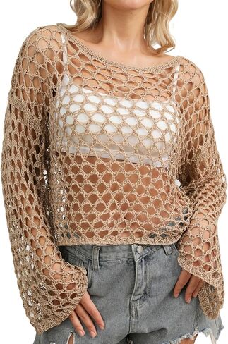 Women's Beach Cover Up, Hollowed Out Crochet Knit Sweater, Loose Flared Sleeve Sheer Casual Pullover for Vacation in Saudi Arabia