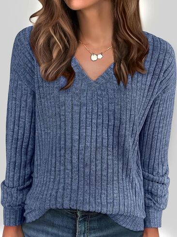 Women’s Long Sleeve V-Neck Top, Ribbed Slim Fit Knit Sweater, Soft and Cozy, Perfect for Casual Fall and Winter Wear (Blue, L) in Saudi Arabia