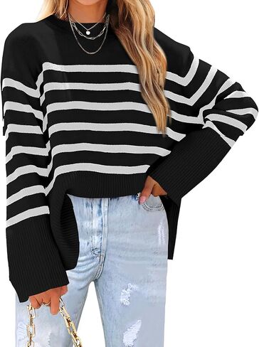 Womens Sweaters Fall 2025 Overiszed Striped Long Sleeve Side Slit Loose Pullover Sweaters Knitted Tops in Kuwait