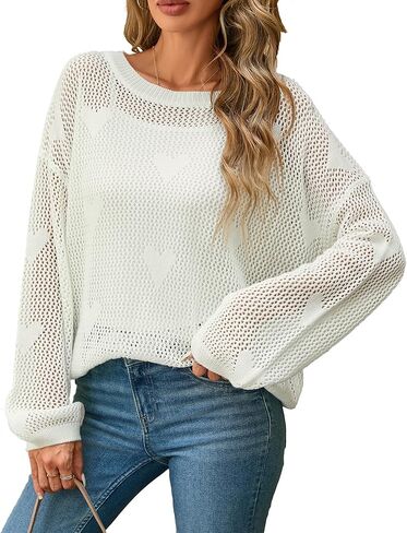 Womens Oversized Cute Crochet Knit Heart Sweater Spring 2026 Lightweight Sexy Hollow Out Crewneck Pullover Top in Kuwait
