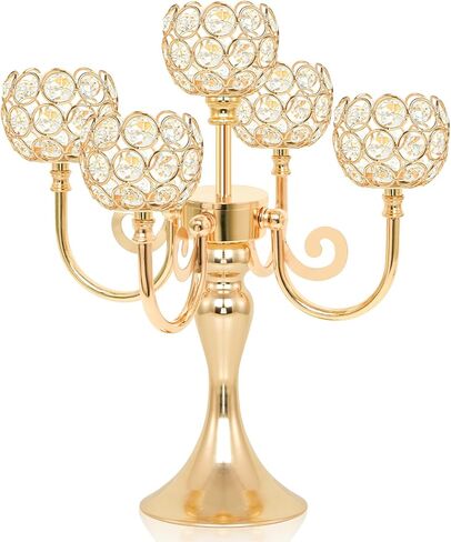 5 Arm Metal Crystal Candelabra Centerpiece - 13.4 Inch Elegant Candle Holder with Crystal Beads for Wedding Party Christmas Home Dining Table Decoration (2, Gold) in Kuwait