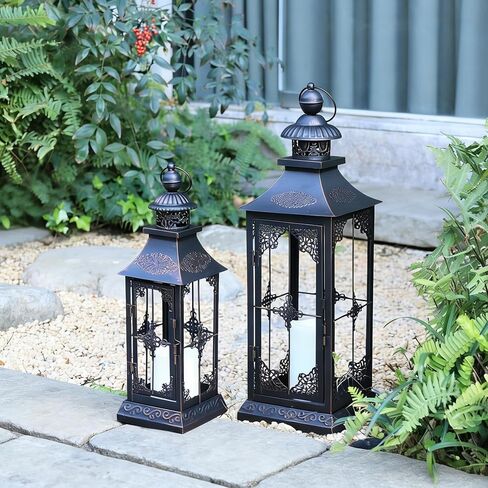 DECORKEY LED Lanterns Decorative Outdoor&Indoor, 23'' 16‘’ Large Black Lanterns Set with 2 Flameless Candles, Metal Holders for Porch, Patio, Garden, Home, Fireplace, Christmas Decorations Decor in Kuwait